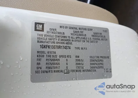 2008 GMC Yukon Slt z USA, uszkodzony, nr VIN 1GKFK13078R174374